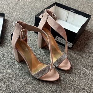 Blush Pink Block Heel Sandals with Rhinestone Strap